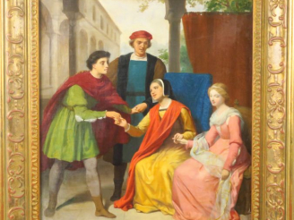 Vente aux enchères A. LELOIR  "La demande" Huile sur toile. Signée en bas à gauche. 46 x 