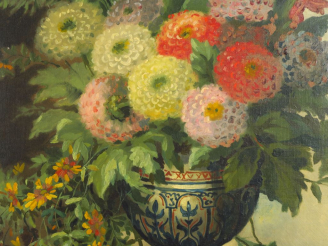Vente aux enchères A. LION  "Bouquet de fleurs dans un vase" Huile sur toile.  Signée en 