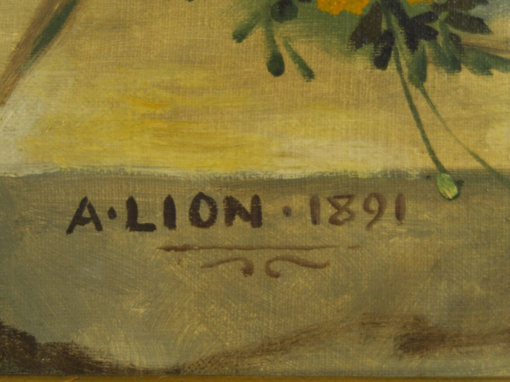 A. LION  "Bouquet de fleurs dans un vase" Huile sur toile.  Signée en 