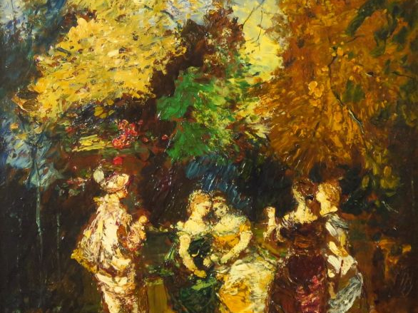 Adolphe MONTICELLI "Personnages dans un parc" Huile sur panneau. Signé