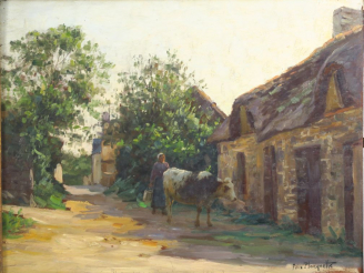 Vente aux enchères Félix PLANQUETTE  "Fermière menant sa vache à l'étable" Huile sur pann