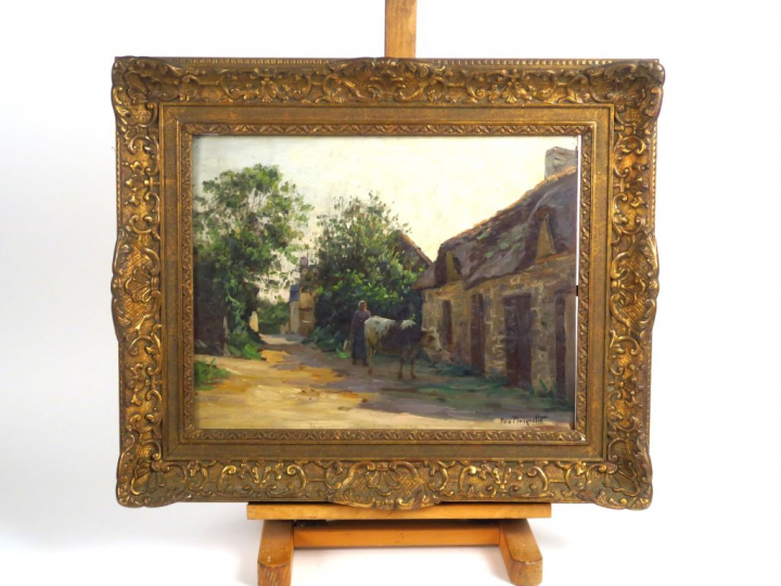 Félix PLANQUETTE  "Fermière menant sa vache à l'étable" Huile sur pann