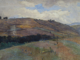 Vente aux enchères Cécile Patrice BONNET  "La fenaison" Huile sur toile.  Signée en bas à