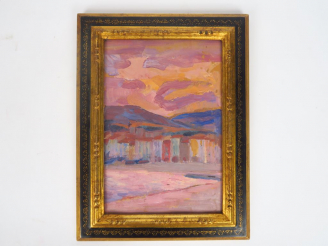 Vente aux enchères Cécile Patrice BONNET  "Coucher de soleil à Collioure" Huile sur panne
