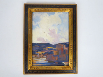 Vente aux enchères Cécile Patrice BONNET  "Village de bord de mer au crépuscule" Huile su