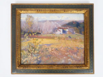 Vente aux enchères Cécile Patrice BONNET  "Paysages animés" Trois huiles sur panneau.  No