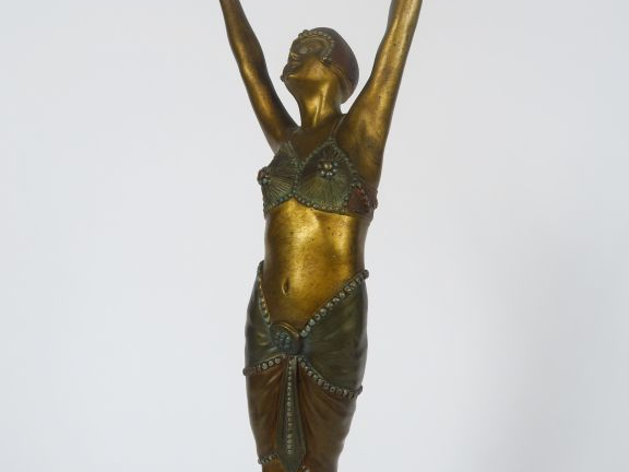 Sculpture Art Déco en bronze polychrome et marbre portor "Danseuse aux