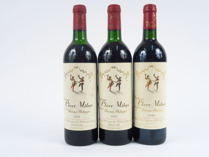3 BOUTEILLES CHÂTEAU CLERC MILON GCC PAUILLAC : 2 de 1985 1 LB/1 HEP-M