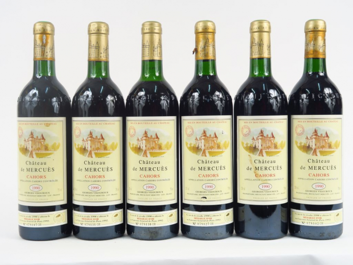 6 BOUTEILLES CHÂTEAU DE MERCUES CAHORS - 1990 - 3 BG/3 LB