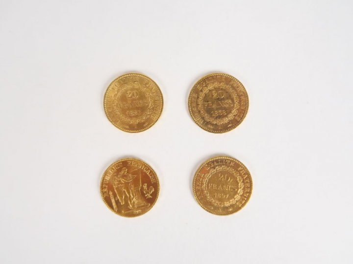 Lot comprenant :  - Une pièce de 20 Francs or, 1886-A - Deux pièces de