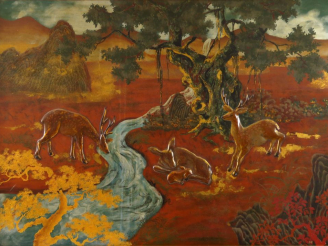 Vente aux enchères Grand panneau en bois laqué, à décor polychrome d'une famille de daims