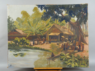 Vente aux enchères LIEN "Village de pêcheur animé de personnages" Huile sur toile.  Signé