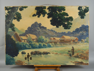 Vente aux enchères Nguyen Mai Thu "Buffles au milieu d'une rivière traversant un village 