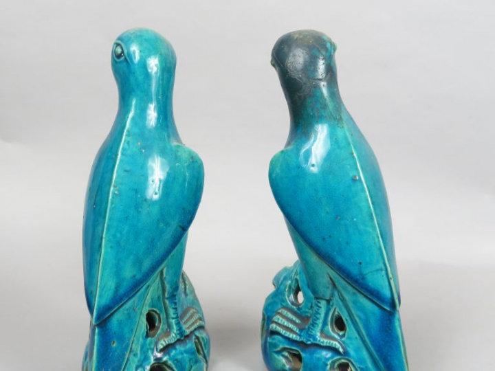 Couple de perruches en céramique émaillée turquoise. Chine, XIXème siè