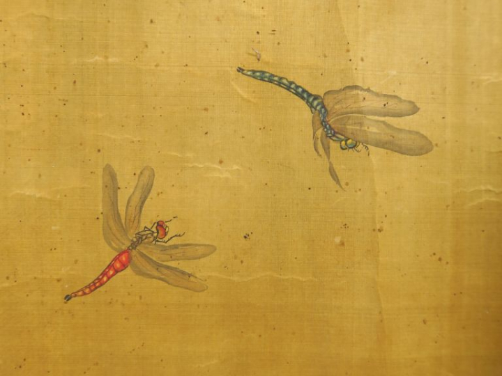 Grande peinture en couleurs sur soie représentant un buisson de pivoin