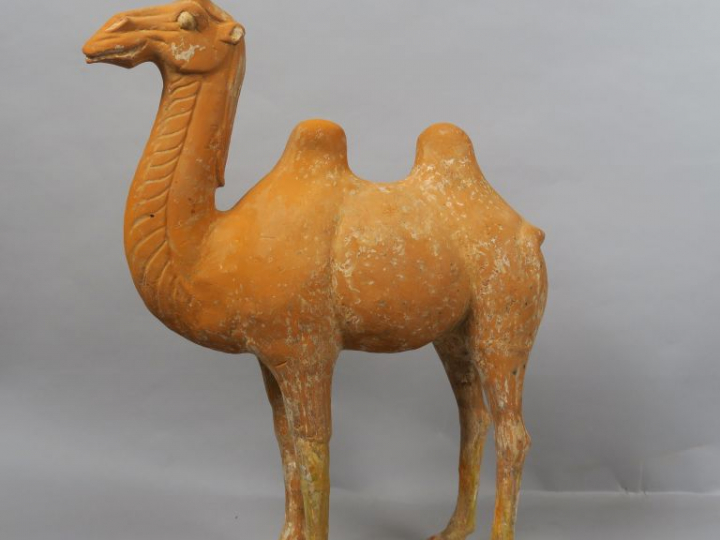 Chameau en terre-cuite rouge, debout sur une terrasse. Chine, dans le 