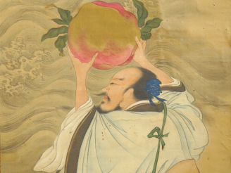 Vente aux enchères Kakemono à l’encre et couleur sur soie représentant le sennin Tobosaku