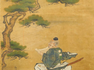 Vente aux enchères Kakemono à l’encre et couleur sur soie représentant un guerrier accrou