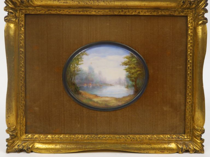 R. MASUTTI. "Paysages animés". Suite de quatre miniatures ovales.  Dim