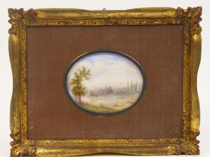 R. MASUTTI. "Paysages animés". Suite de quatre miniatures ovales.  Dim
