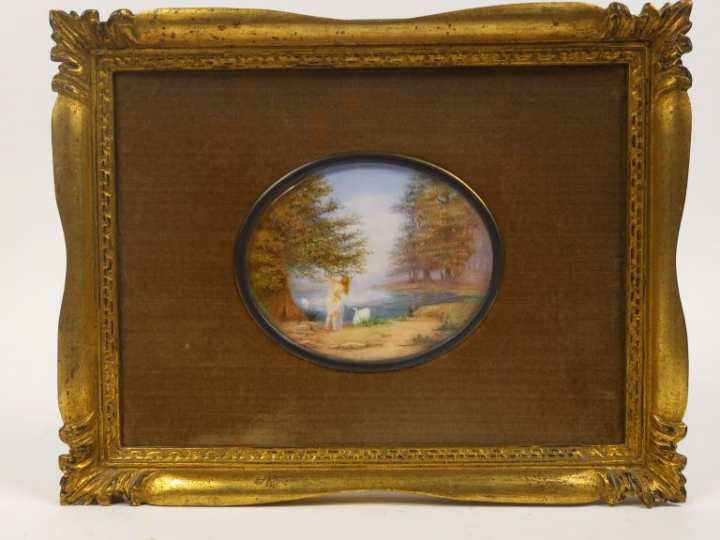 R. MASUTTI. "Paysages animés". Suite de quatre miniatures ovales.  Dim