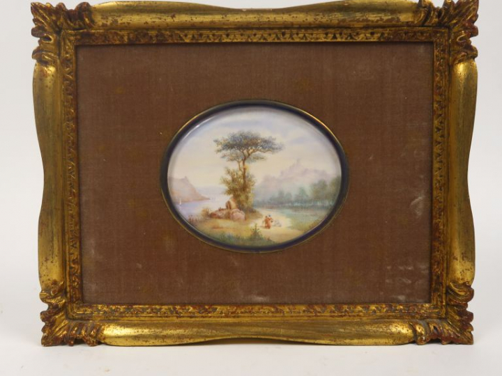 R. MASUTTI. "Paysages animés". Suite de quatre miniatures ovales.  Dim