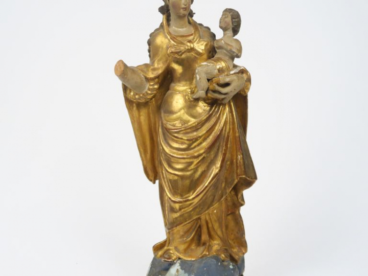 Sculpture XVIIIème en bois polychrome "Vierge à l'enfant".  H. 45 cm (