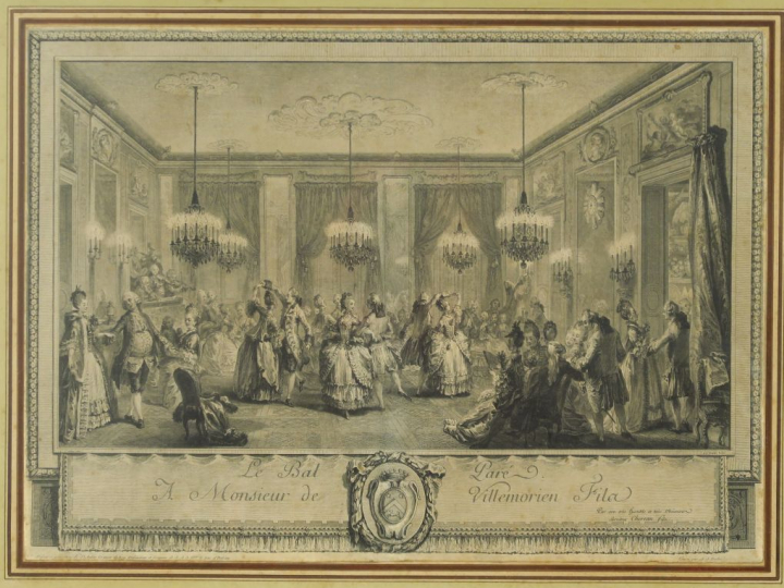 Paire de gravures en noir XVIIIème "Le concert" et "Le bal paré".  Dim