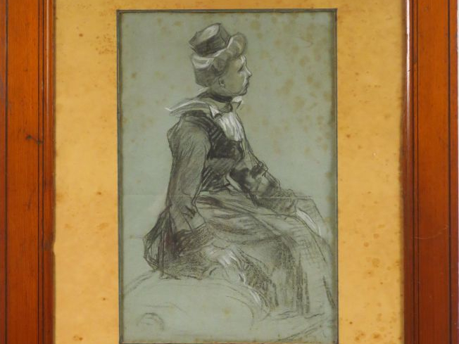 Ecole française XIXème. "Bretonne". Dessin au fusain.  Dim. 41 x 26,5 