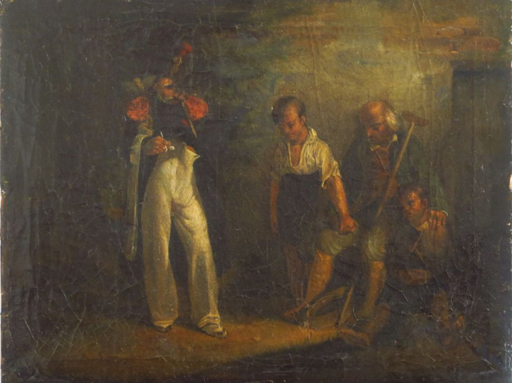 Ecole française XIXème. "La conscription". Huile sur toile. Dim. 31,5 