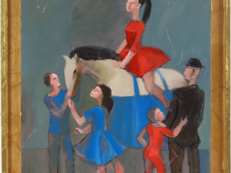 Vente aux enchères BLANCHET. "Scène de cirque". Huile sur panneau, signée en bas à gauche