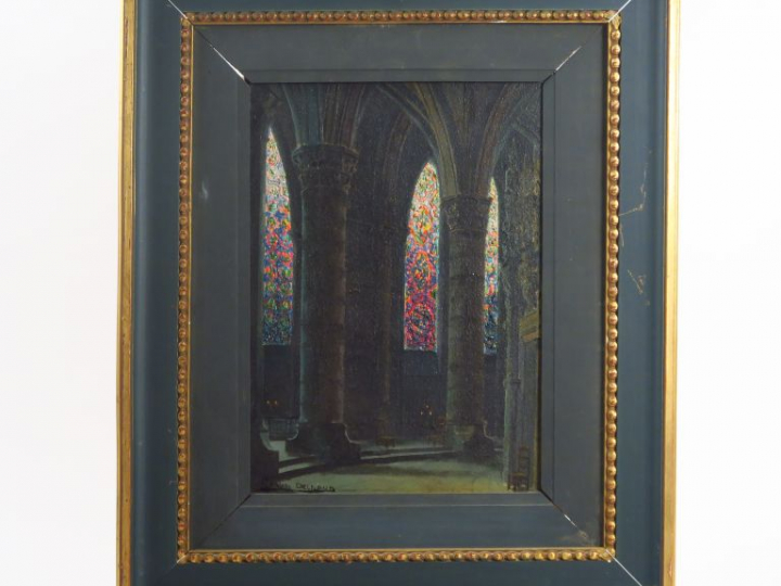 G. DELPAND. "Intérieur d'église". Huile sur toile, signée en bas à gau