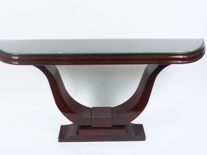 Console de style Art déco en acajou et placage d'acajou. 81 x 151 x 26