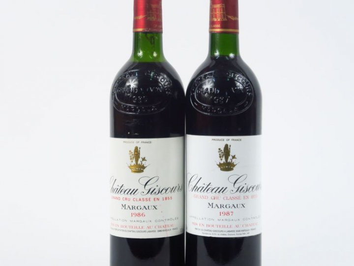 2 BOUTEILLES CHÂTEAU GISCOURS GCC MARGAUX : 1 de 1986 HEP/1 de 1987 BG