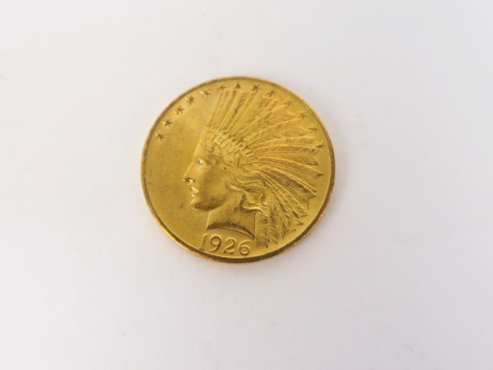 Pièce de 10 dollars or tête d'indien, 1926.  FRAIS ACHETEURS : 5% TTC
