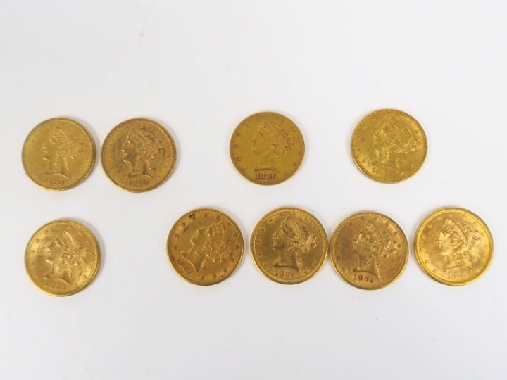 9 pièces de 5 dollars or, 1886, 1880 (x2), 1881 (x4), 1885, 1861.  FRA