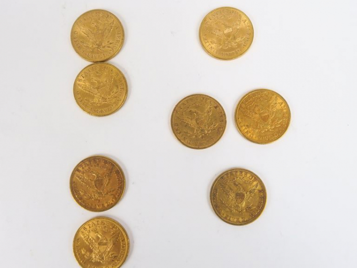 8 pièces de 5 dollars or, 1893, 1894 (x2), 1897, 1900, 1906 (x2), 1907