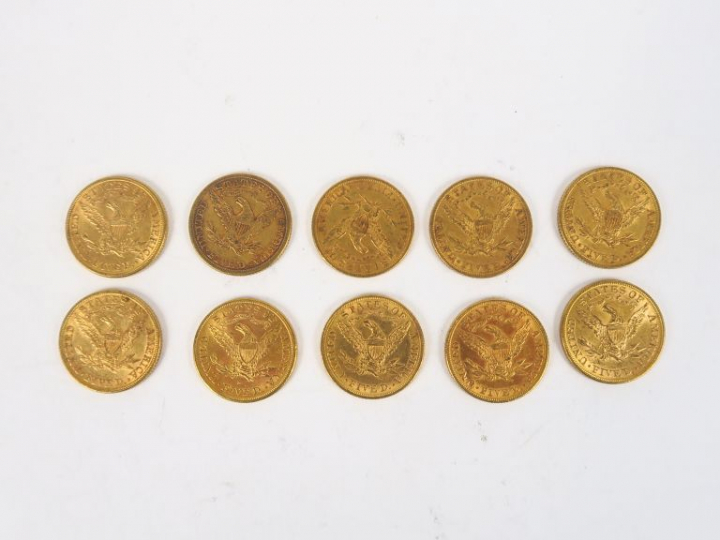 10 pièces de 5 dollars or, 1882.  FRAIS ACHETEURS : 5% TTC
