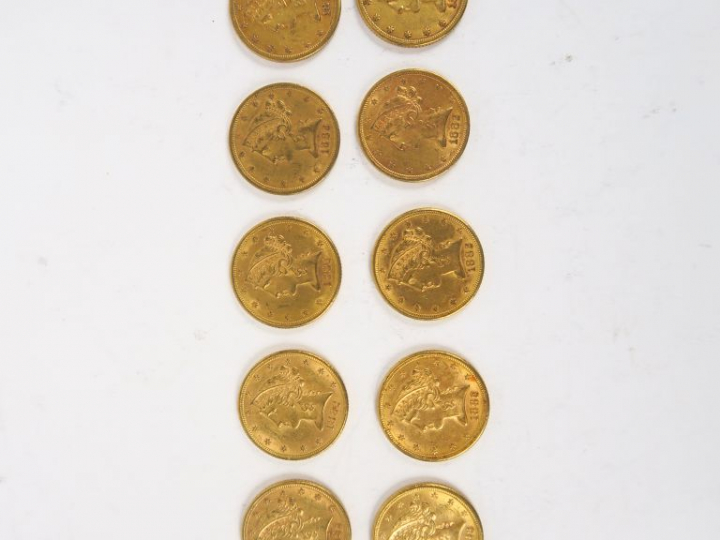 10 pièces de 5 dollars or, 1882.  FRAIS ACHETEURS : 5% TTC