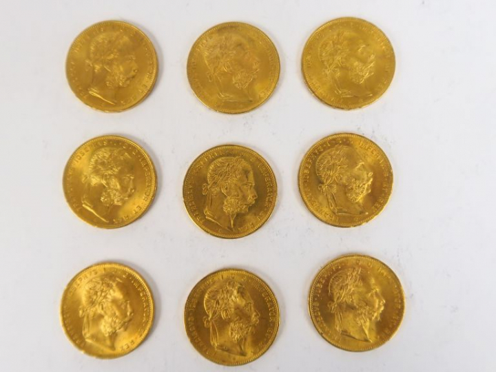 9 pièces de 8 Florins ou 20 Francs or François-Joseph Ier, 1892.  FRAI