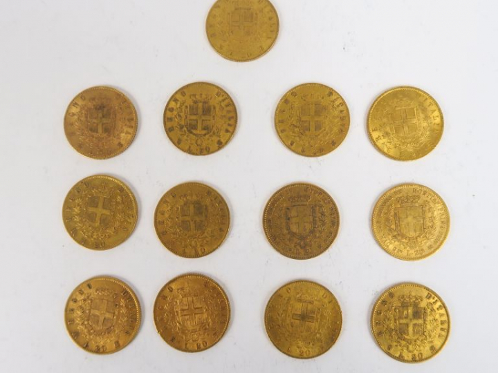 13 pièces de 20 Lires or Victor Emmanuel II, 1852, 1857, 1863 (x2), 18