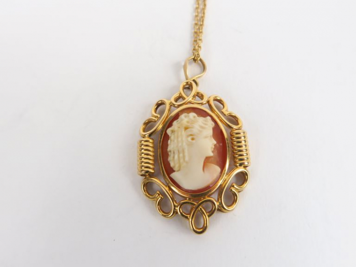 Camée figurant un profil de jeune femme. Monture et chaine en or jaune