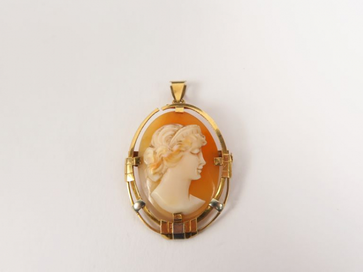 Camée coquille 1900 figurant un profil de jeune femme.  Monture en or 