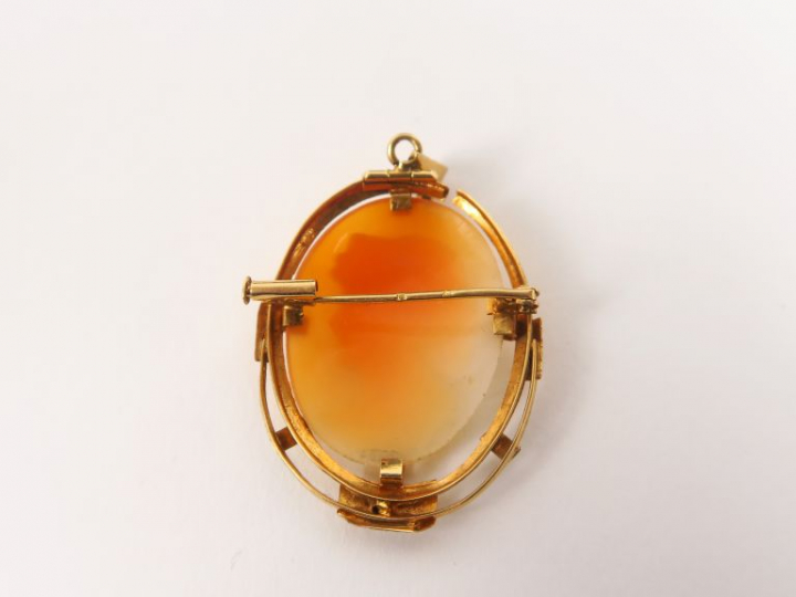 Camée coquille 1900 figurant un profil de jeune femme.  Monture en or 