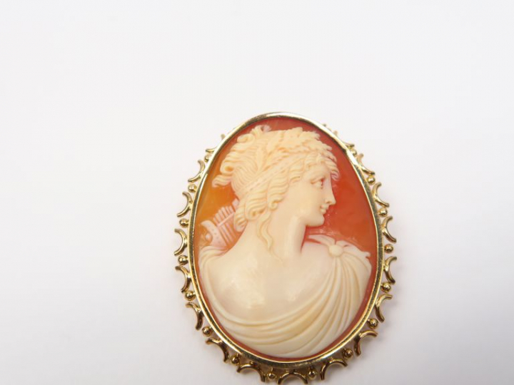 Broche ornée d'un camée à décor de profil de jeune fille. Monture en o