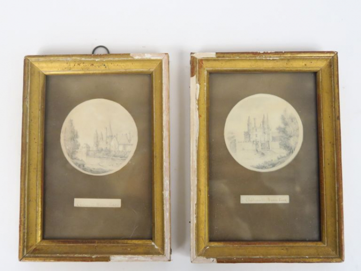 Deux dessins aux crayons en miniature. "Vues du château de Baron" Diam