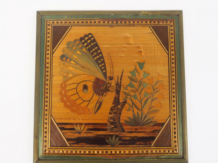 Elément de coffret XIXème en marqueterie de paille, à décor d'un papil