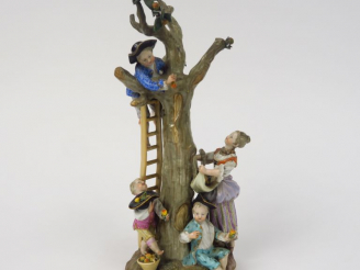 Vente aux enchères SAXE.  "La cueillette" Groupe XIXème en porcelaine polychrome. Signé. 