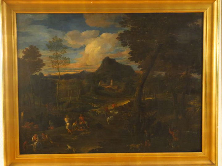 Ecole française XVIIème. "Paysage animé" Huile sur toile. Dim. : 100 x