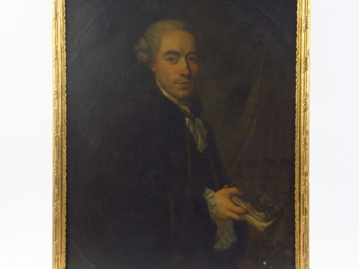 Ecole française XVIIIème. "Portrait d'homme aux livres". Huile sur toi